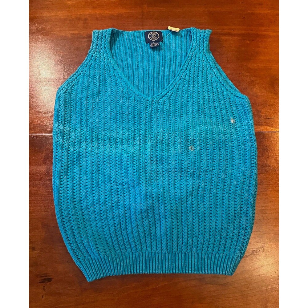 NWT Vintage GAP Blue Solid Ramie Cotton Knit V-Neck Sweater Vest Womens L